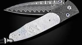 B30 SUGAR SKULL DAMASCUS POCKET KNIFE WITH CARVED PEARL SCALES AND 'WAVE' DAMASCUS BLADE